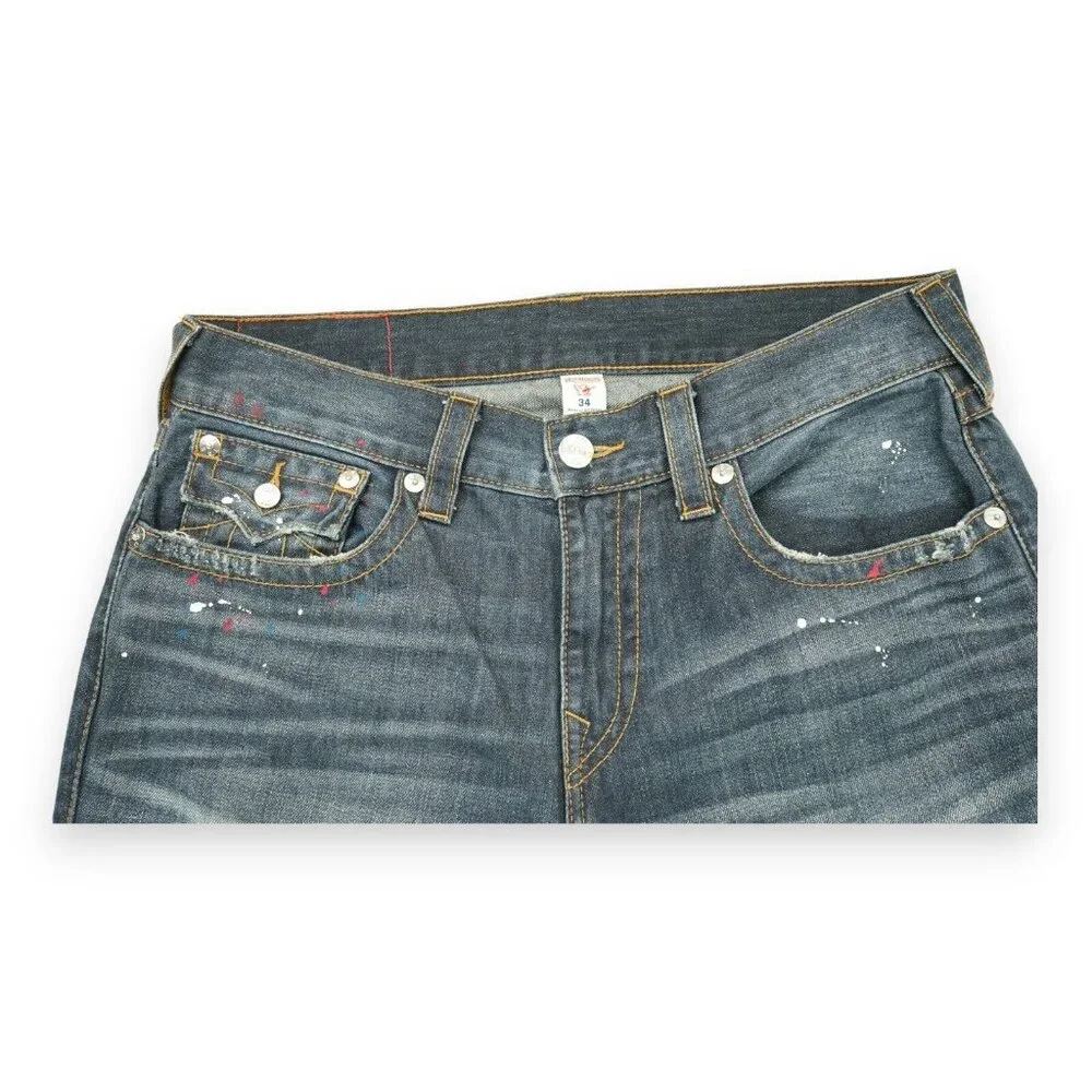 True Religion Men's Straight Paint Splatter Jeans‎ Patched Size 34